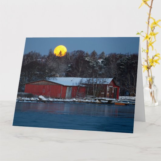 古い赤い木造のボートハウスと月のかんさいカード カード (黄色い花)