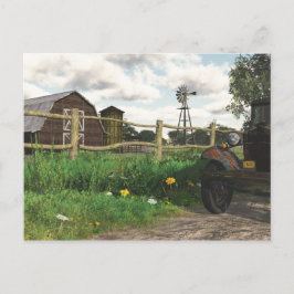 古い赤い納屋と錆びたトラックの葉書 ポストカード