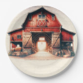 古い赤い納屋のカントリーウェディング ペーパープレート (正面)