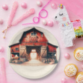 古い赤い納屋のラスティックカントリーウェディング ペーパープレート (パーティー)