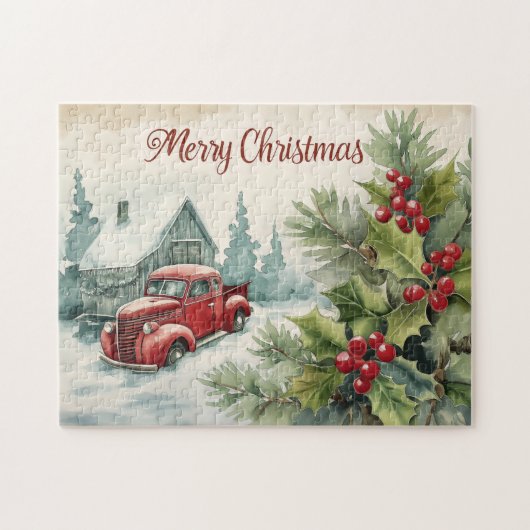 古い赤トラックのクリスマス ジグソーパズル (横)