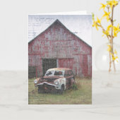 古い車と古い納屋 カード (黄色い花)