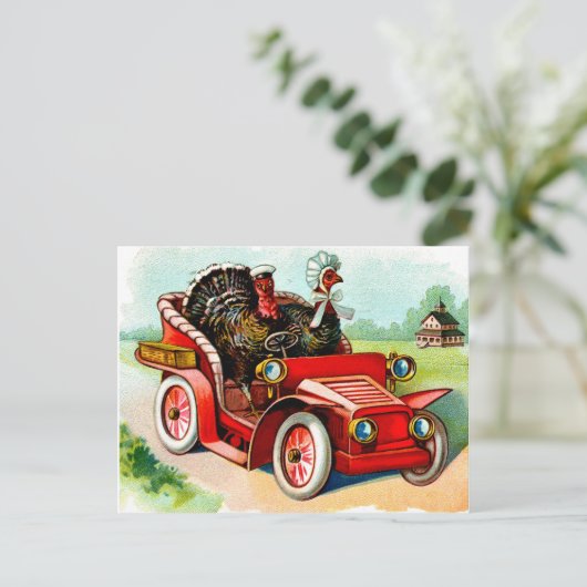 古い車に乗る2羽の七面鳥、ヴィンテージ ポストカード (スタンド正面)