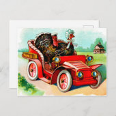 古い車に乗る2羽の七面鳥、ヴィンテージ ポストカード (正面/裏面)