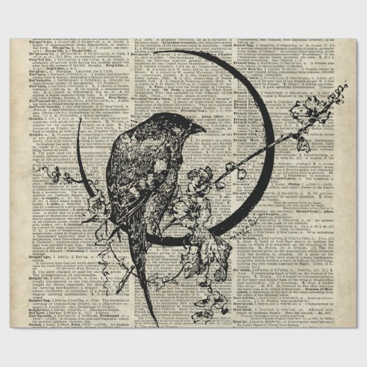古い辞書のページ上の黒いワタリガラスの鳥のステンシル ラッピングペーパー (フラット)
