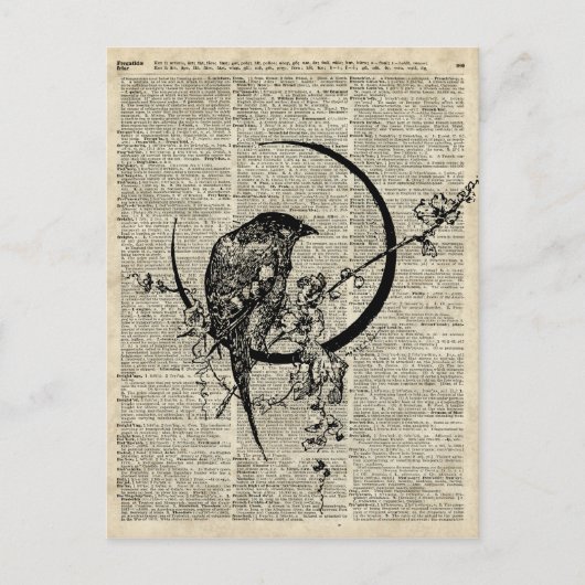 古い辞書ページ上の黒いカラスの鳥のステンシル ポストカード (正面)