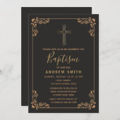 古い金ゴールドおよび黒いヴィンテージの書道の洗礼 招待状 (正面/裏面)