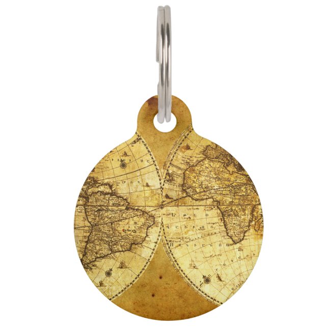 古い金世界地図 ペット　ネームタグ (正面)