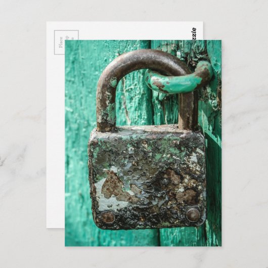 古い錆つかせたロックのティール(緑がかった色)の水の青い木のドア ポストカード (正面/裏面)