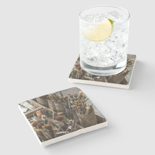 古い錆びたスズ缶のアーティストペイントブラシ ストーンコースター (横)