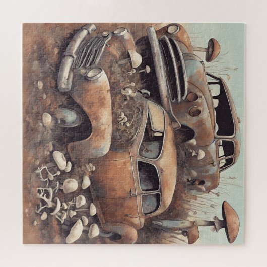 古い錆びたヴィンテージ車とキノコ ジグソーパズル (横)