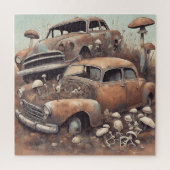 古い錆びたヴィンテージ車とキノコ ジグソーパズル (縦)