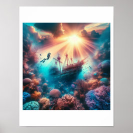 古い難破船のある美しい礁 ポスター