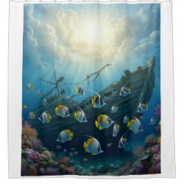 古い難破船は魚とサンゴ礁の上で シャワーカーテン