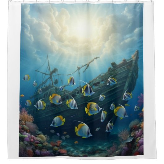 古い難破船は魚とサンゴ礁の上で シャワーカーテン (正面)