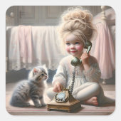 古い電話で話している小さな女の子 スクエアシール (正面)