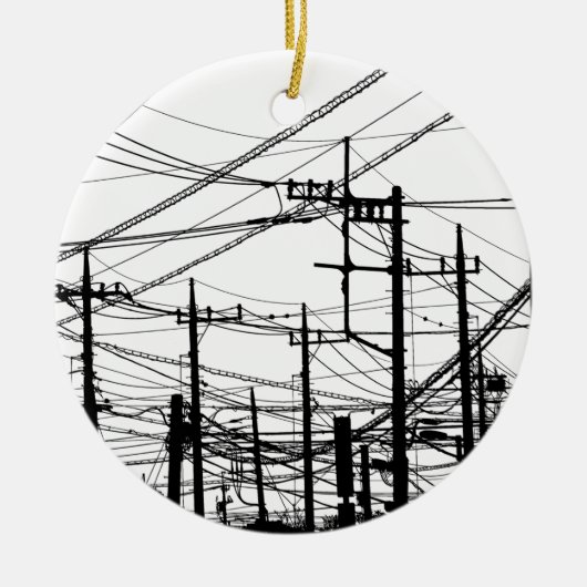 古い電話と電源ライン セラミックオーナメント (正面)