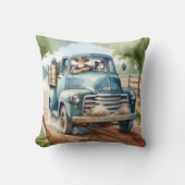 古い青いトラックの中の男と犬 クッション (正面)