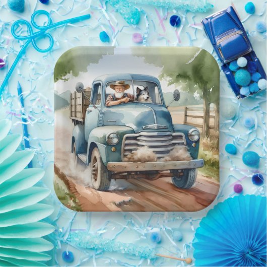 古い青いトラックの中の男と犬 ペーパープレート (パーティー)