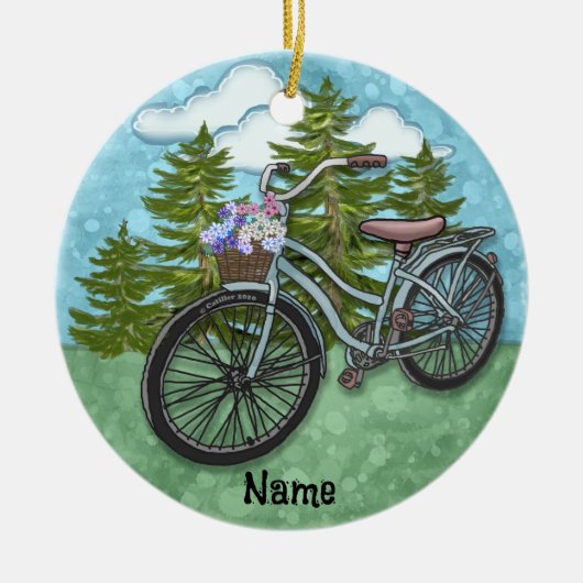 古い青い自転車 セラミックオーナメント (正面)