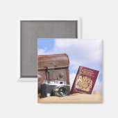 古い革のスーツケース、レトロカメラと マグネット (正面/裏面)