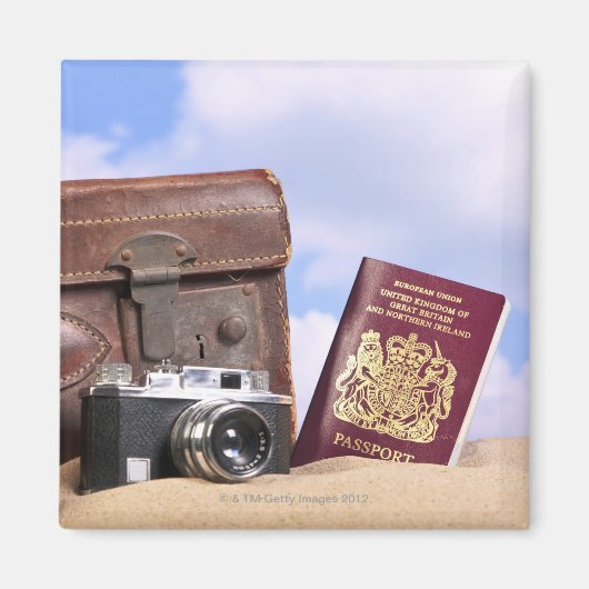 古い革のスーツケース、レトロカメラと マグネット (正面)