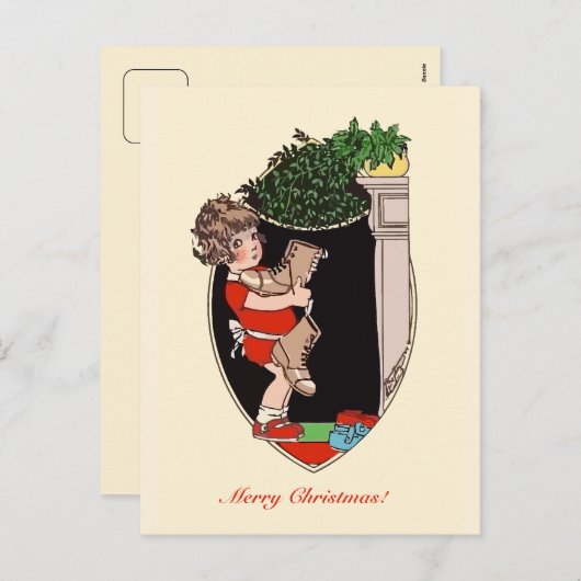 古い靴を持つレトロのかわいい小さな女の子 シーズンポストカード (正面/裏面)