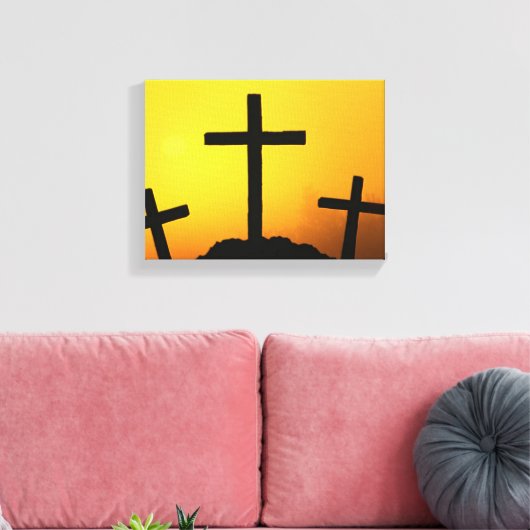 古い頑丈な木製の十字架でカルヴァリの丘で日没 キャンバスプリント (インサイチュ (リビング))