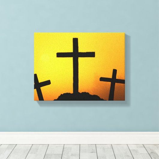 古い頑丈な木製の十字架でカルヴァリの丘で日没 キャンバスプリント (インサイチュ (ウッドフロア))