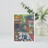 古い魔女ハッピーホーム、たくさんの猫とフクロウのハロウィン シーズンカード (スタンド正面)