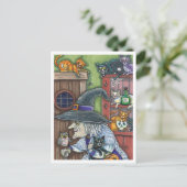 古い魔女ハッピーホーム、たくさんの猫とフクロウのハロウィン シーズンポストカード (スタンド正面)