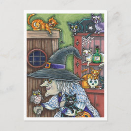 古い魔女ハッピーホーム、たくさんの猫とフクロウのハロウィン シーズンポストカード