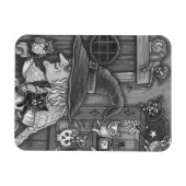 古い魔女ハッピーホーム、猫&フクロウBLK/WHTハロウィン マグネット (横)