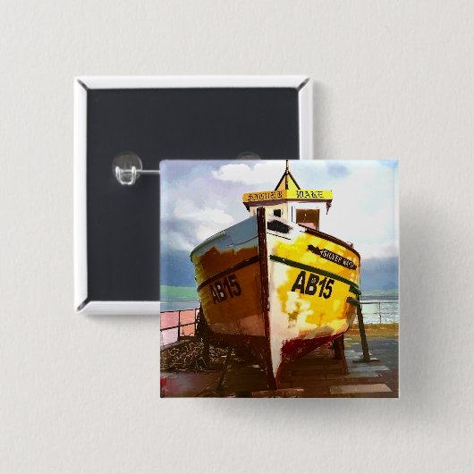 古い魚釣り船 缶バッジ (正面&裏面)