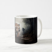 古い黒とオレンジの虎がシュールな森を歩く コーヒーマグカップ (正面右)
