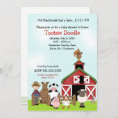 古いMacDonald EIEIOの農場の納屋周囲の庭のベビーシャワー 招待状 (正面/裏面)