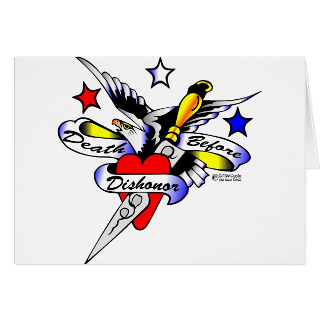 古いSkoolの入れ墨のワシの短剣及びハート (正面横)