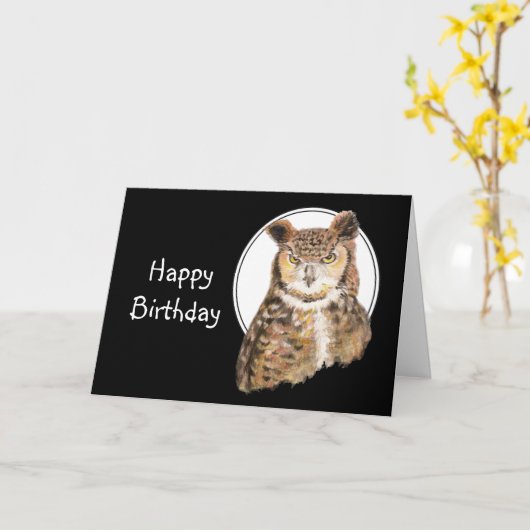 古おもしろいい時代、丘の上の誕生日フクロウ カード (黄色い花)