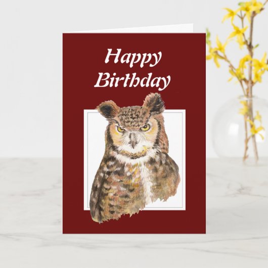 古おもしろいい時代、丘の上の誕生日フクロウ カード (黄色い花)