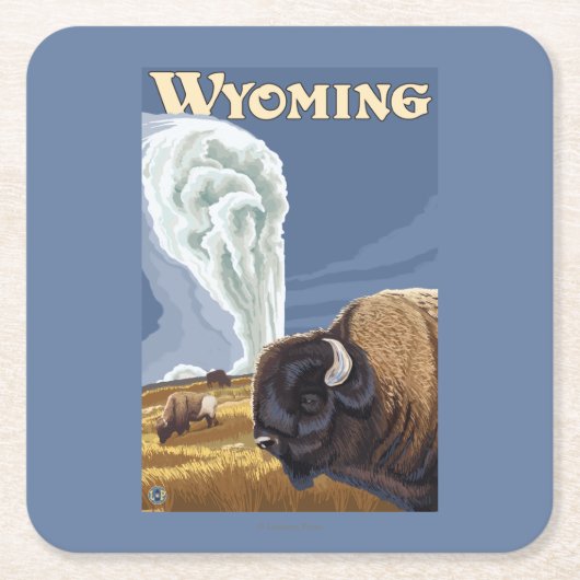 古く忠実なヴィンテージ旅行ポスターによるバッファロー スクエアペーパーコースター (正面)