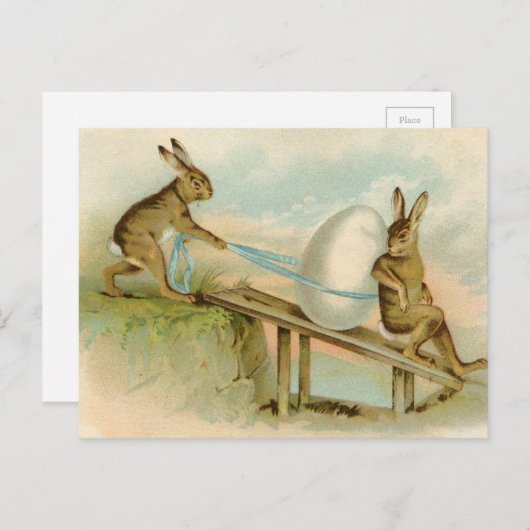 古く旧式なヴィンテージのハッピーイースターのウサギおよび卵 シーズンポストカード (正面/裏面)