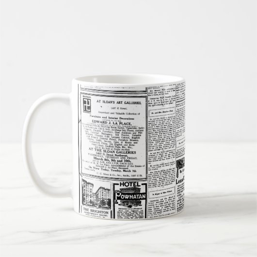古く黒く及び白い新聞、ヴィンテージのレトロ広告 コーヒーマグカップ (左)
