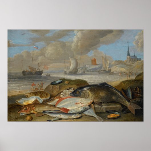 古びた港湾風景の中の魚の静物画 ポスター (正面)