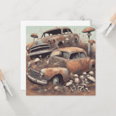 古びた錆びたヴィンテージカーとキノコ カード (正面/裏面インサイチュ)