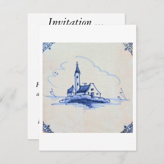 古クラシック品デルフトブルータイル-教会 招待状 (正面/裏面)
