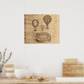 古グランジい地図でスチームパンク熱気球 ポスター (キッチン)