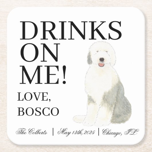 古パーソナライズされた英語のシェプドッグ結婚ズ スクエアペーパーコースター (正面)