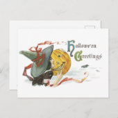 古ファッションドいハロウィーン、魔女とジャック・o・ランタン ポストカード (正面/裏面)