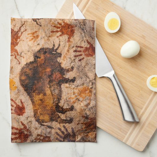 古代のこだま洞窟壁画と手形の紅茶へ キッチンタオル (四つ折り)