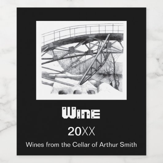 古代のフットブリッジペンシラートモノクロ ワインラベル (シングルラベル)